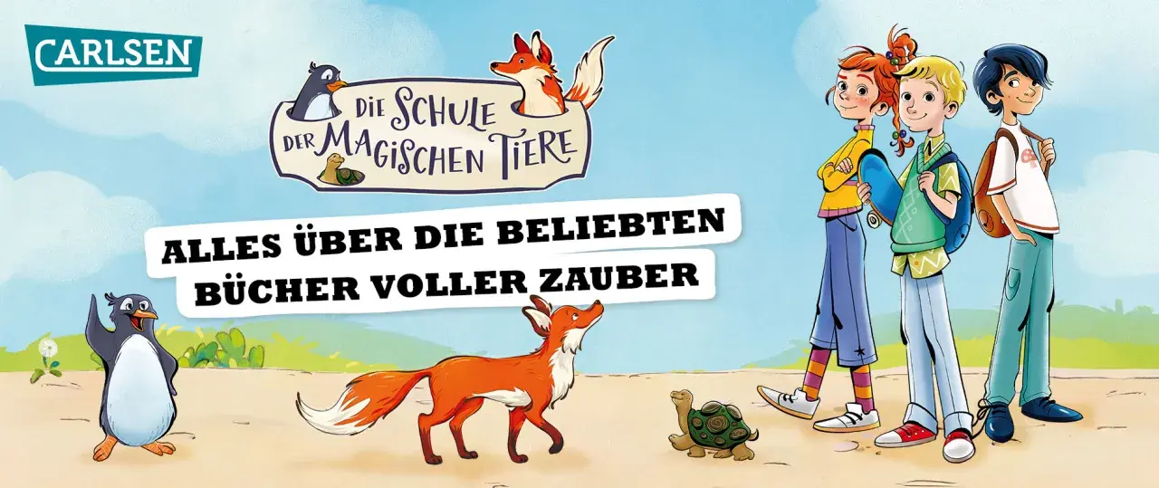 Illustration für die buch schule der magischen tiere: Kinder und Tiere, die Abenteuer erleben.