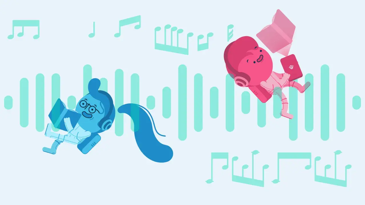 Zwei Figuren mit Kopfhörern lernen und lesen, umgeben von Noten und Schallwellen. Musik beim Lernen macht Spaß!