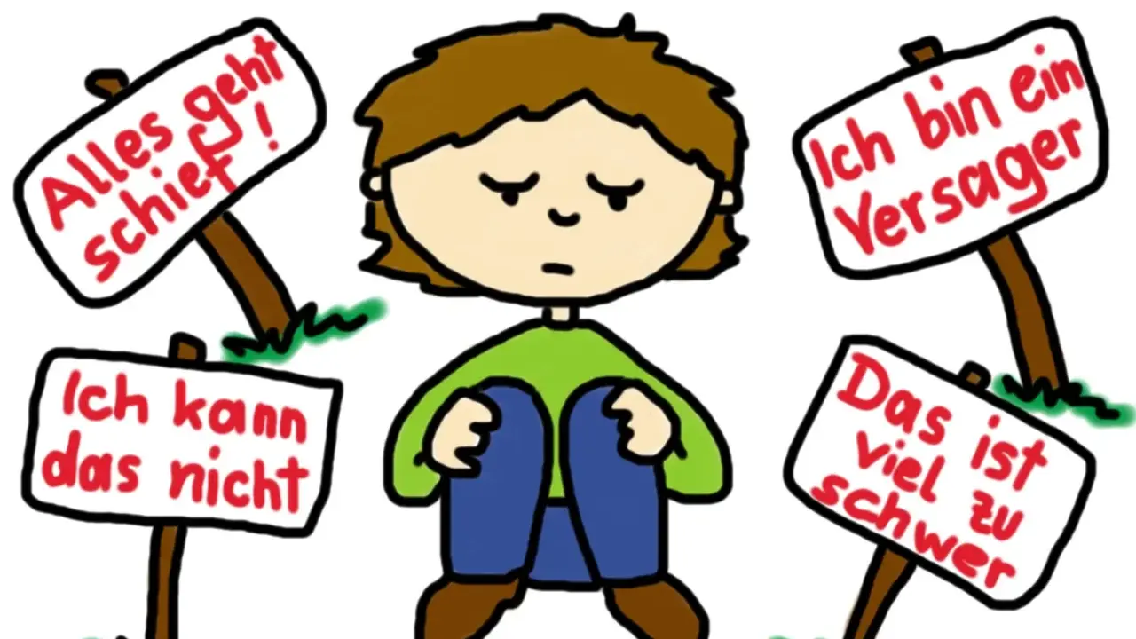 Ein Kind sitzt traurig, umgeben von Schildern mit negativen Botschaften wie "Alles geht schief!". Dies illustriert den schwierigen **Umgang mit Niederlagen**.