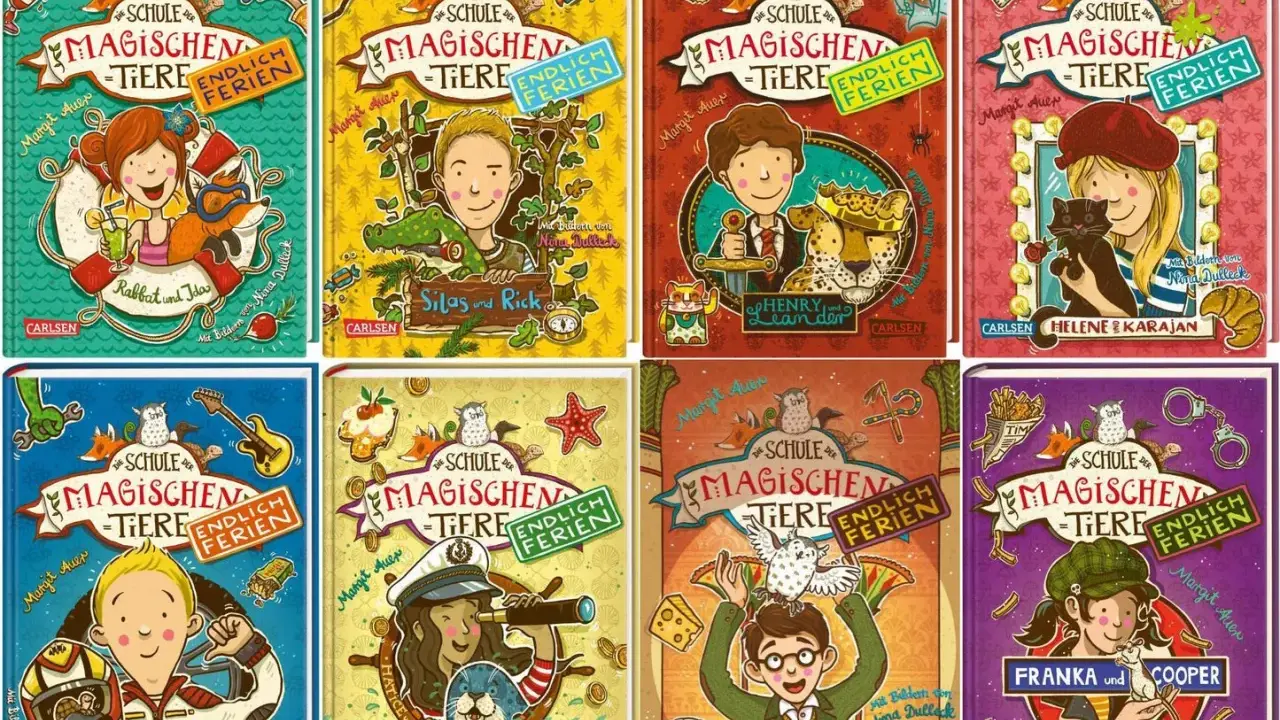 Die Buchreihe "Die Schule der magischen Tiere: Endlich Ferien" zeigt bunte Cover mit Kindern und magischen Tieren, bereit für den Urlaub.