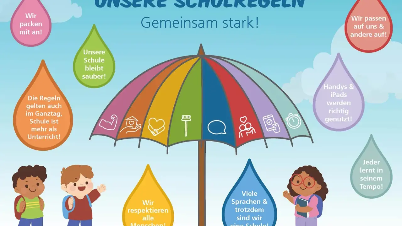 Bunte Illustration mit Kindern und einem Regenschirm, der die Klassenregeln der Grundschule darstellt.