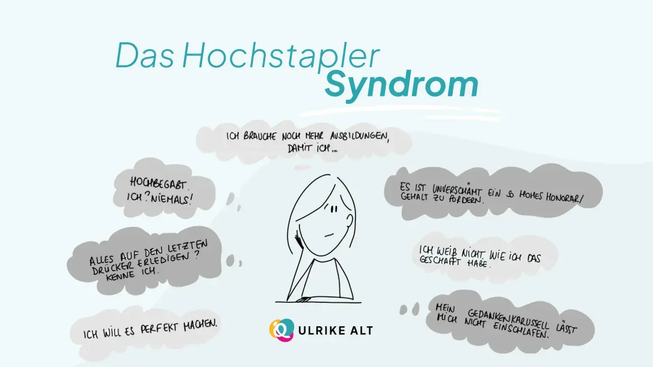 Das Hochstapler-Syndrom: Eine Frau mit Gedankenblasen, die Selbstzweifel und Perfektionismus thematisieren.