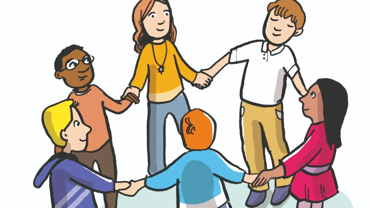 Kinder und eine Lehrerin halten Händchen im Kreis. Sie lernen, was daz unterricht ist: Gemeinschaft und Zusammenhalt.