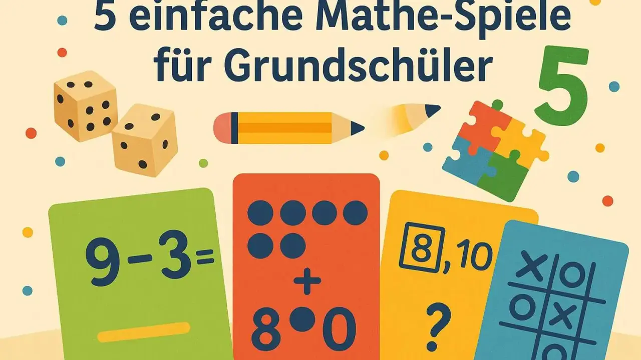 Bunte Karten mit Rechenaufgaben, Würfel und ein Bleistift – alles für spielerisches Rechnen lernen.