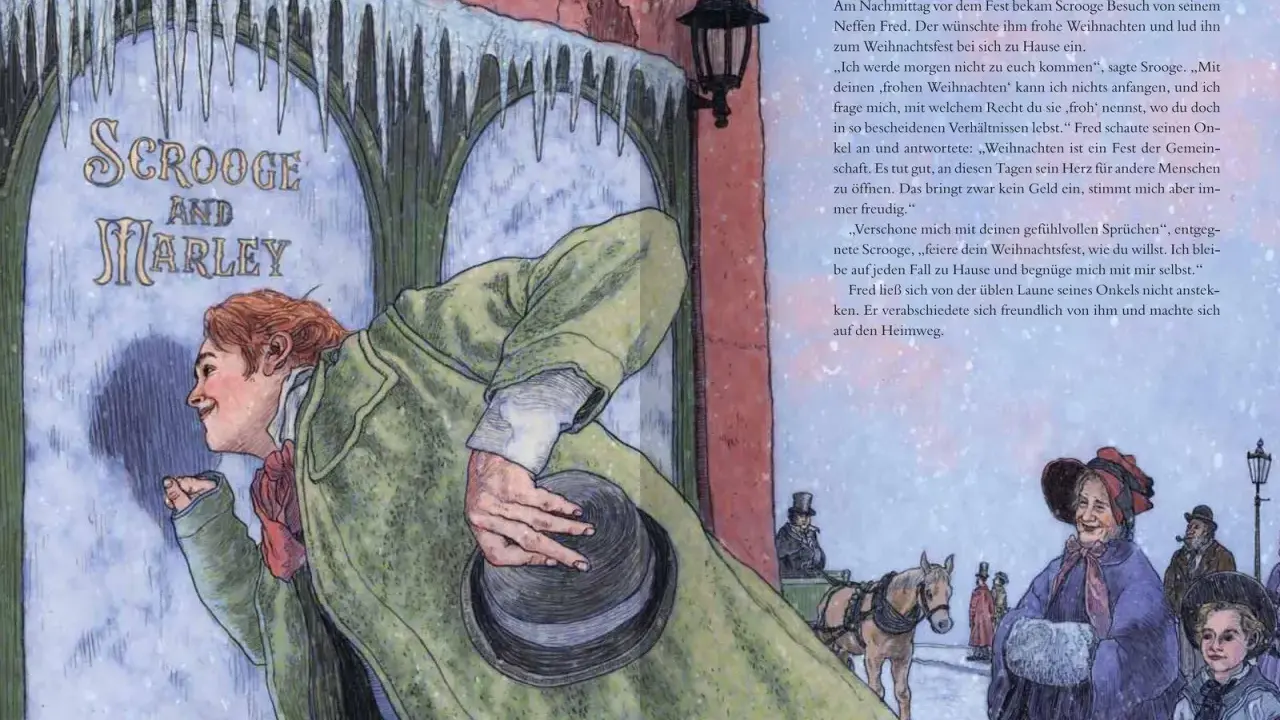 Ein fröhlicher Fred besucht seinen Onkel Scrooge, der die Charles Dickens Weihnachtsgeschichte verkörpert. Eisige Dekorationen und ein Pferdeschlitten im Hintergrund.