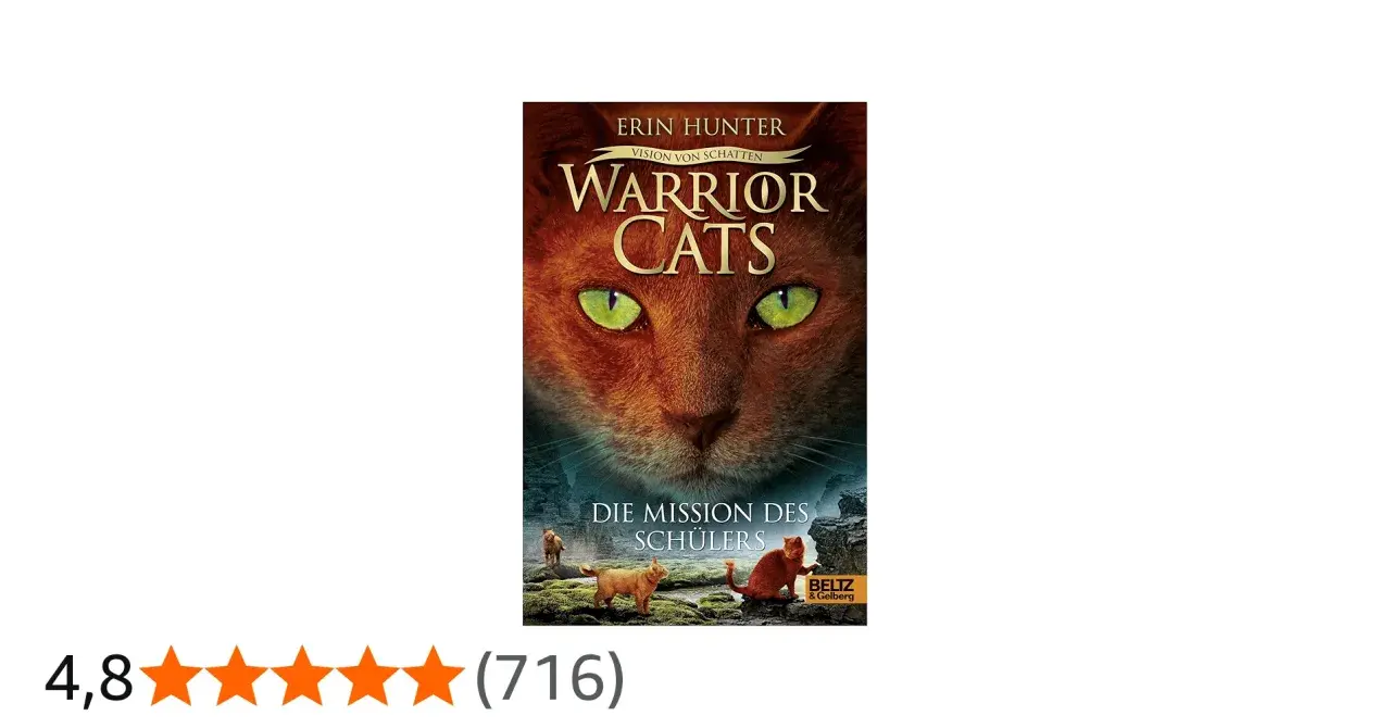 Cover von "Warrior Cats: Die Mission des Schülers" mit einem großen, roten Katerkopf und drei kleineren Katzen im Vordergrund.