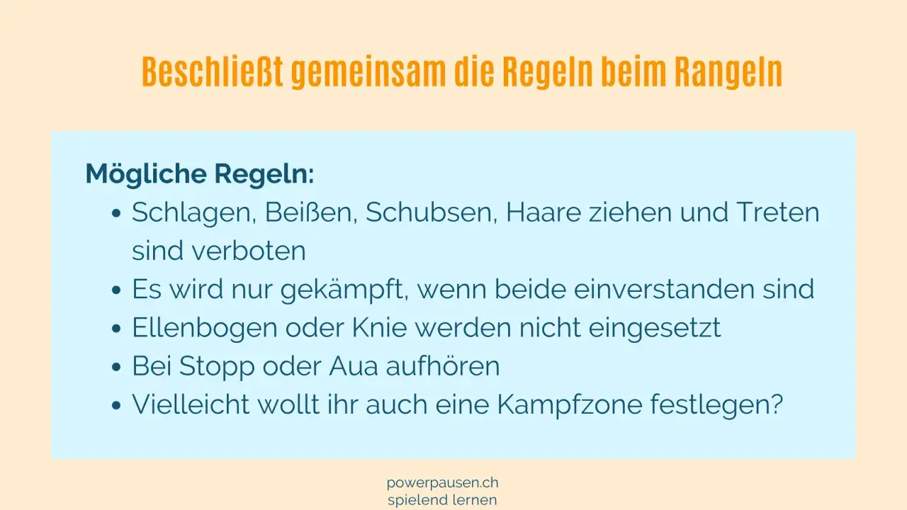 Regeln für Rangeln: Schlagen, Beißen, Schubsen, Haare ziehen und Treten sind verboten. Hilft Kindern ab 12 Jahren bei der Impulskontrolle.