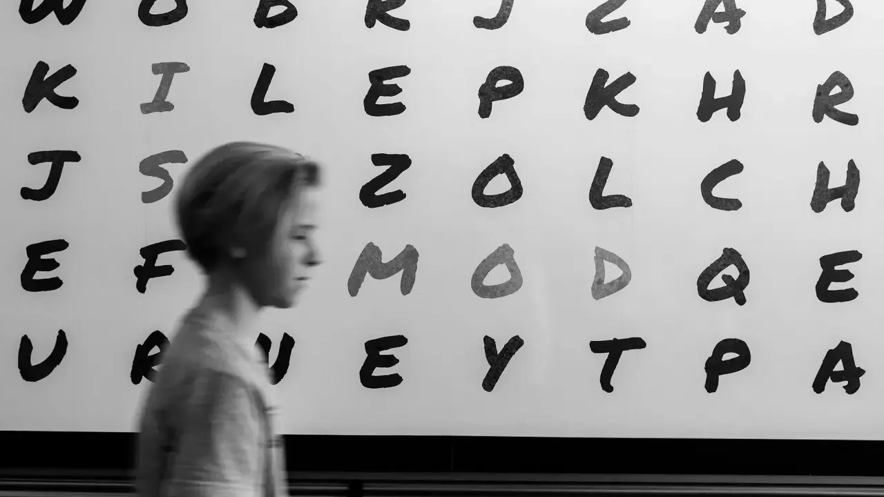 Junge vor Buchstabenwand, die LRS-Symptome in der 2. Klasse verdeutlichen könnte.