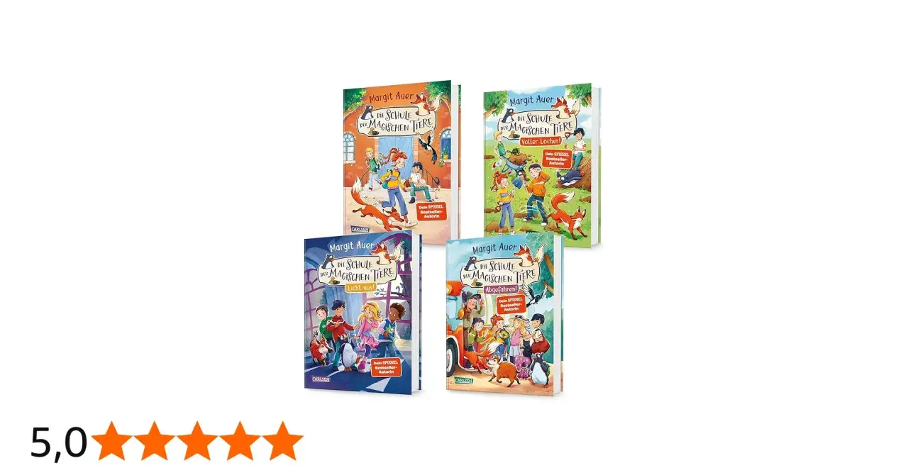Vier Buchcover von Margit Auers "Die Schule der magischen Tiere" zeigen Kinder und sprechende Tiere. Ein Steckbrief zu den Büchern.