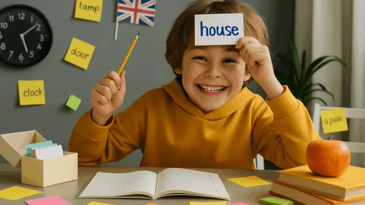 Ein Junge hält eine Karte mit "house" über seiner Stirn. Mit bunten Haftnotizen und einem Buch wird das **Vokabeln lernen leicht gemacht**.