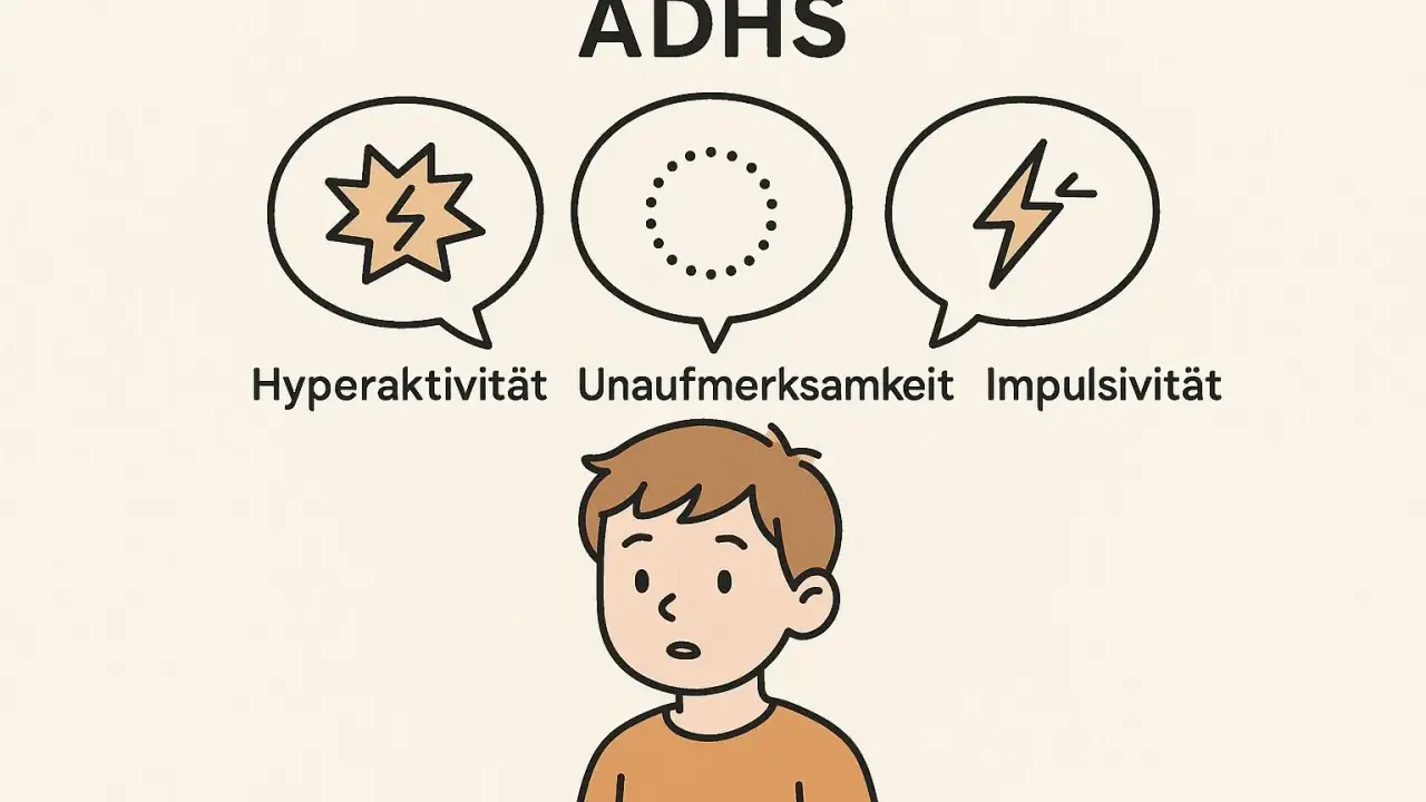 Ein Junge mit ADHS, dessen Gedanken von Hyperaktivität, Unaufmerksamkeit und Impulsivität geprägt sind.