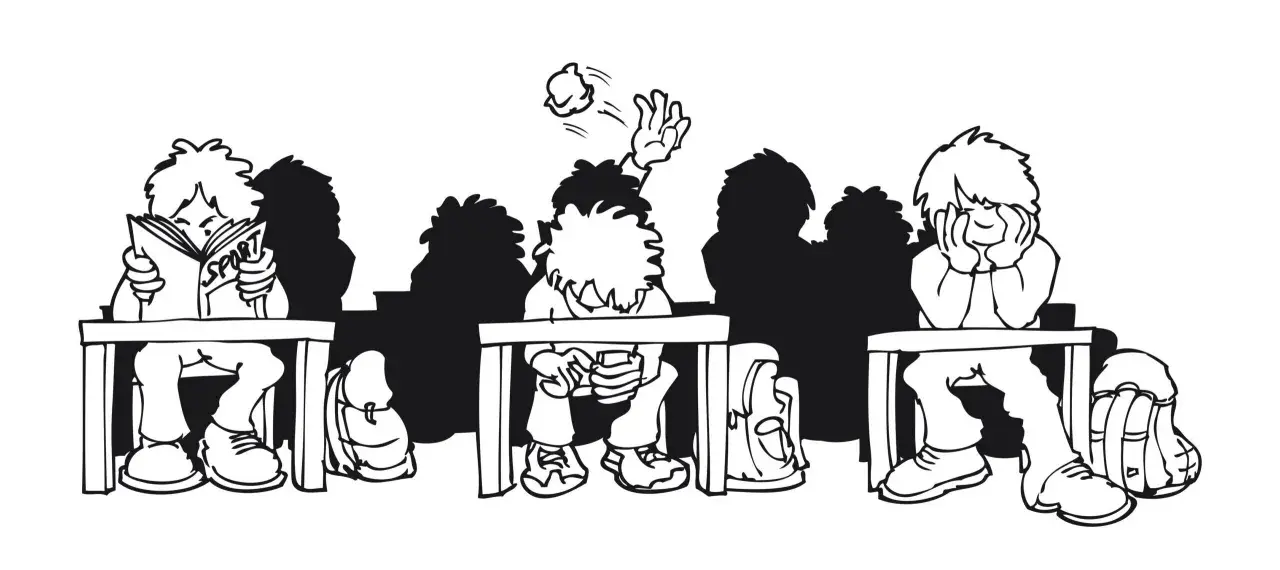 Schüler im Unterricht: Einer liest, einer wirft Papierkugeln, einer ist gelangweilt. Beispiele für exekutive Funktionen im Schulalltag.