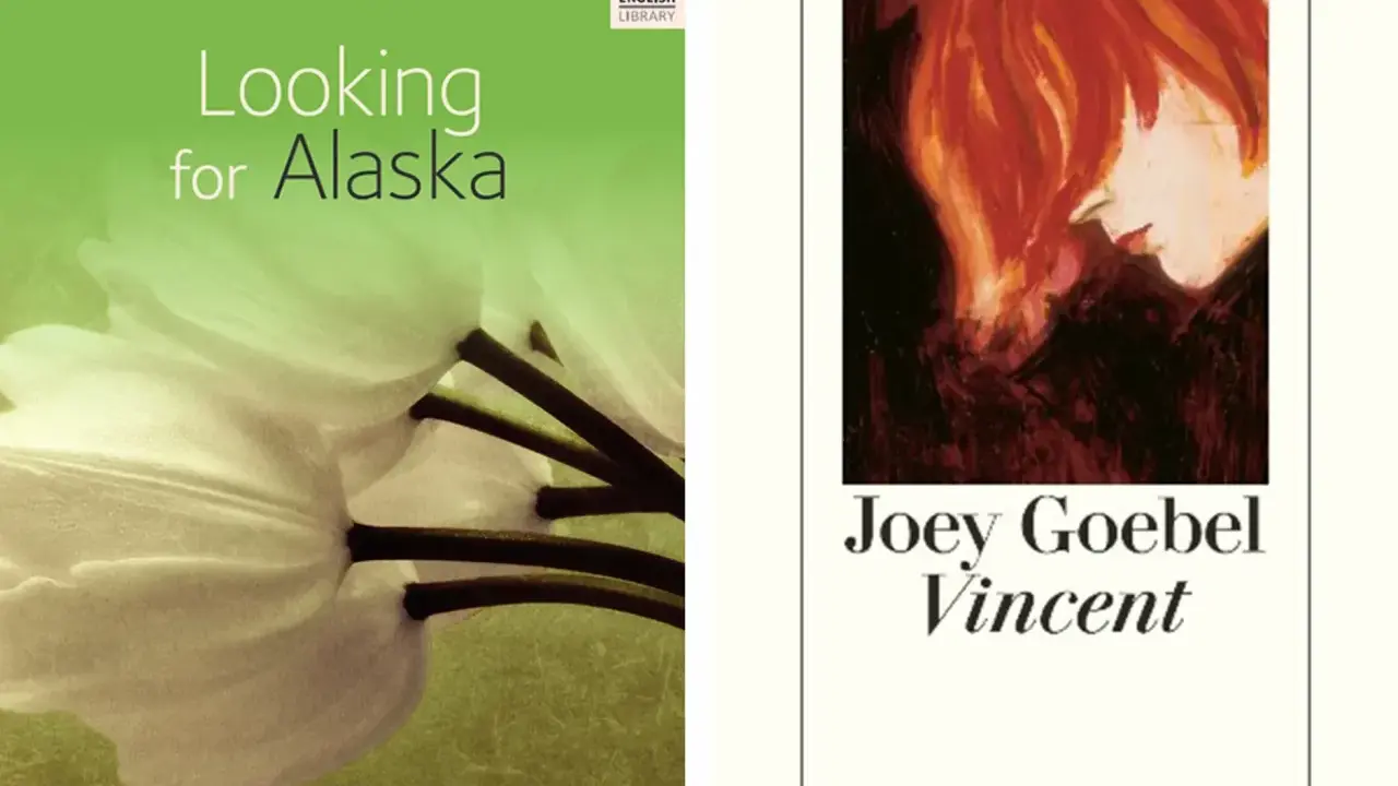 Zwei Coming-of-Age-Romane: "Looking for Alaska" von John Green mit einer weißen Blüte und "Vincent" von Joey Goebel mit einem Porträt.