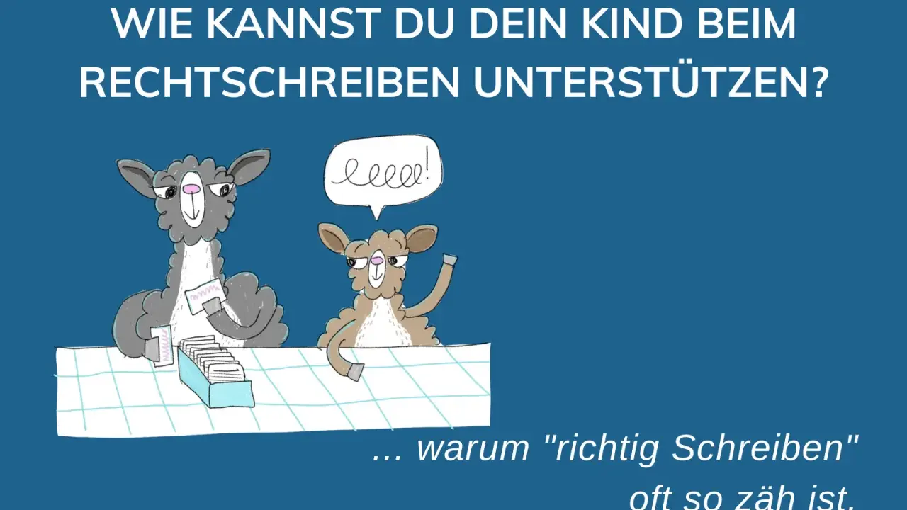 Zwei Lamas diskutieren über schlechte Rechtschreibung. Eines hält Karteikarten, das andere fragt sich, warum "richtig schreiben" so schwer ist.