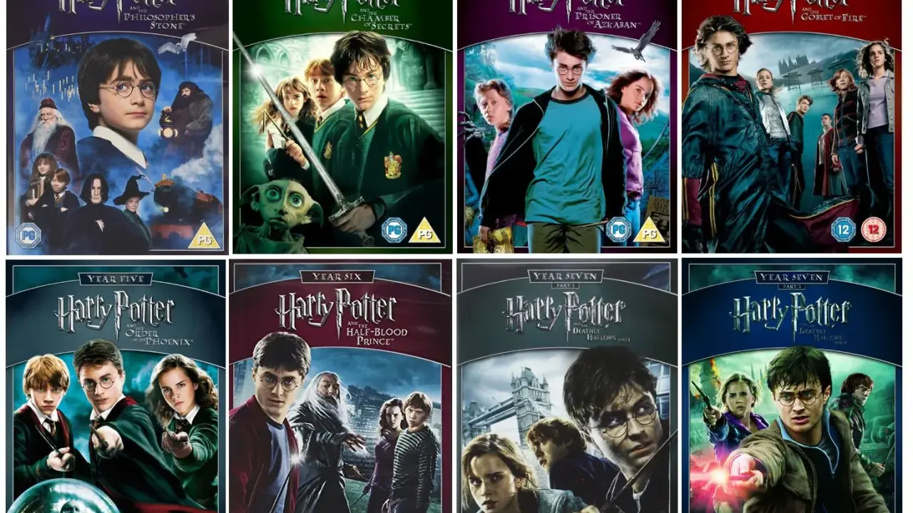 Die DVD-Hüllen der Harry Potter Reihe, von "Stein der Weisen" bis "Heiligtümer des Todes Teil 2".