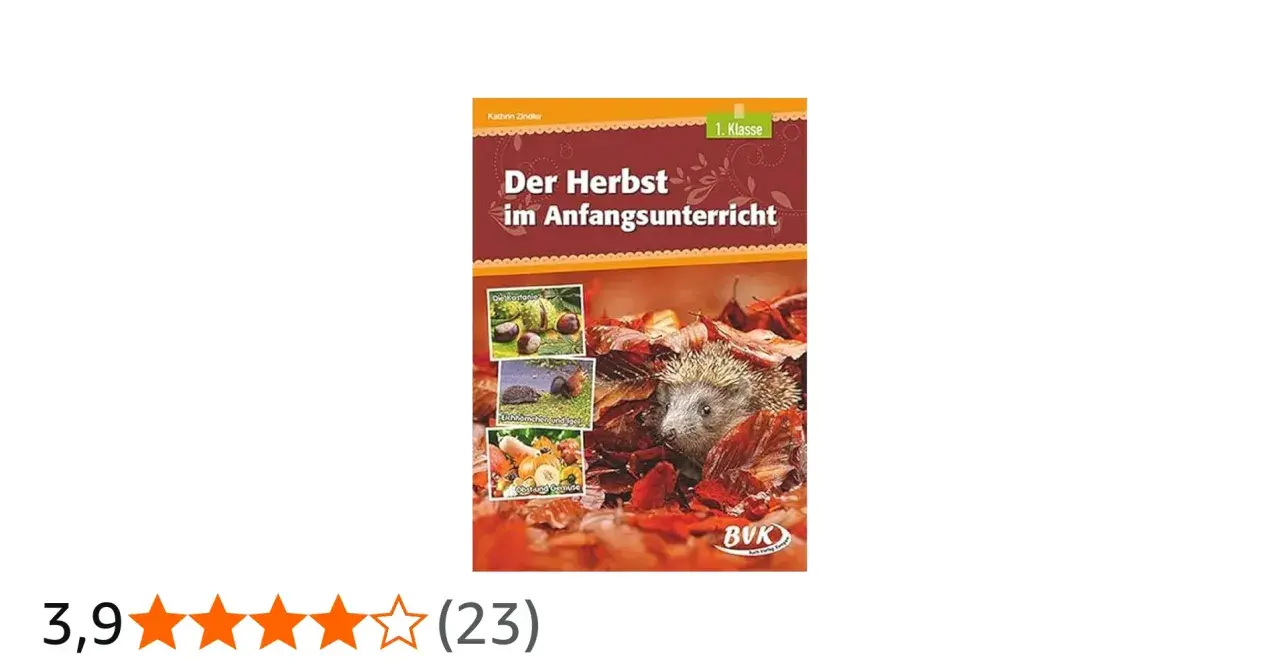 Ein Igel zwischen Herbstlaub, passend für den Herbst in der Grundschule Klasse 1. Kleine Bilder zeigen Kastanien, Igel und Gemüse.