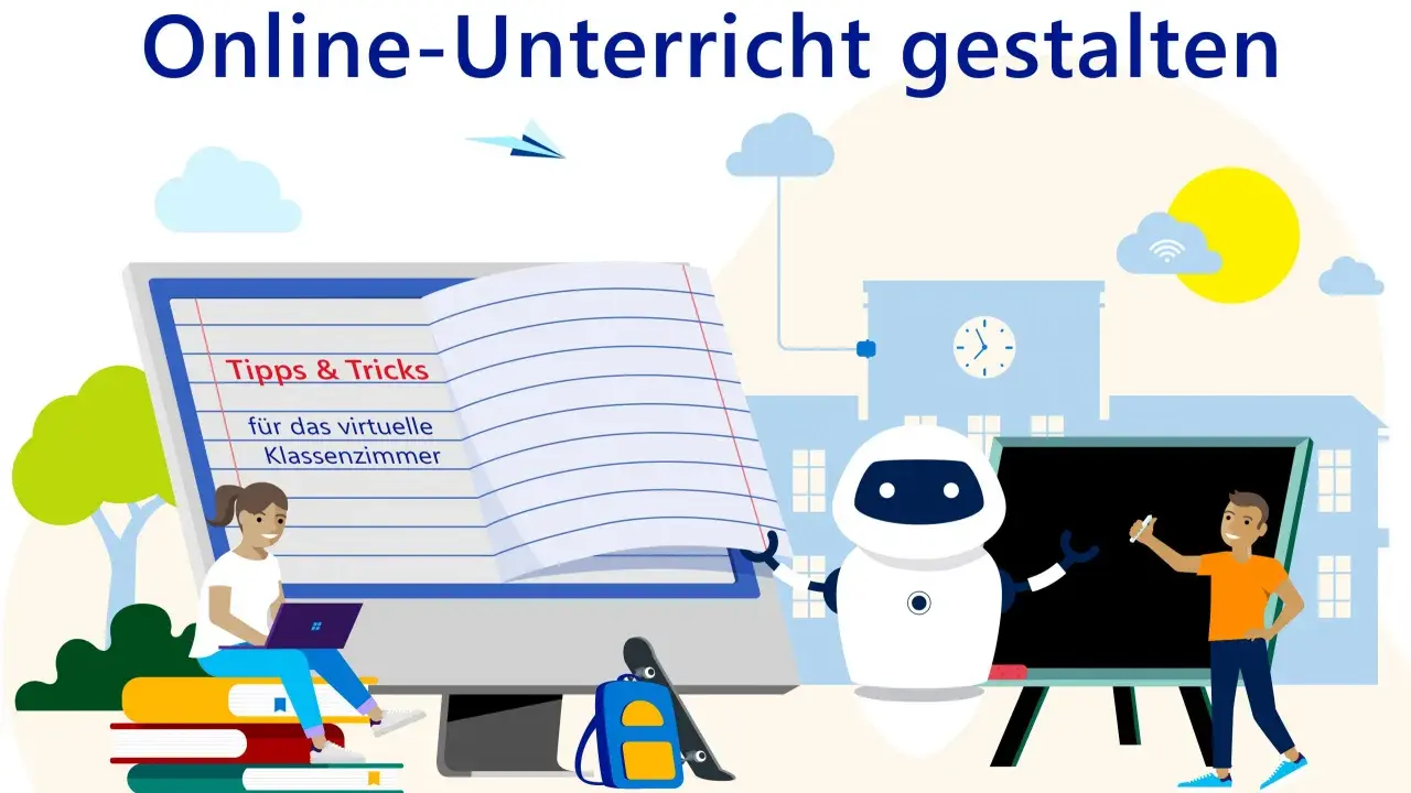 Ein Mädchen lernt am Laptop, ein Roboter und ein Schüler am Whiteboard – so wird digitaler Unterricht lebendig.