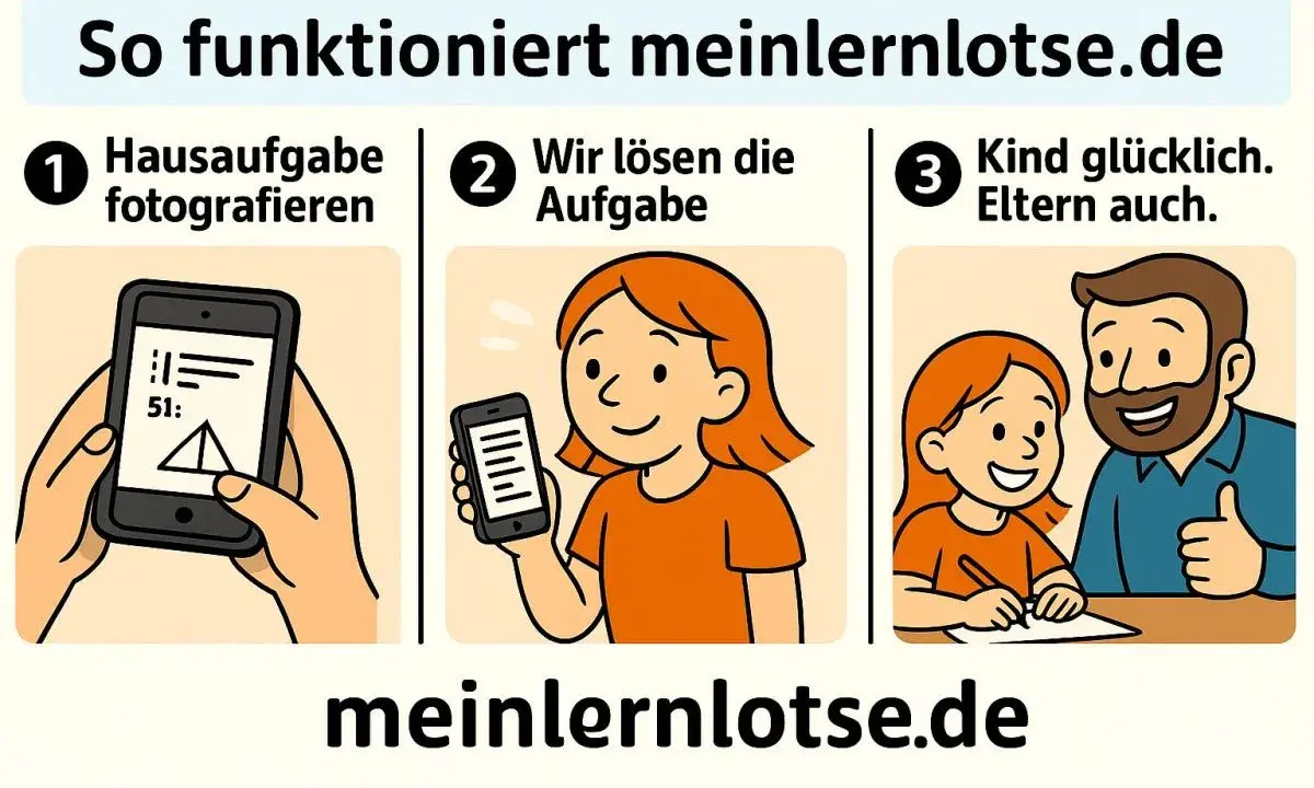 So funktioniert meinlernlotse.de: Hausaufgaben fotografieren, Aufgabe lösen, Kind und Eltern glücklich. Schnelle Hilfe bei Hausaufgaben!