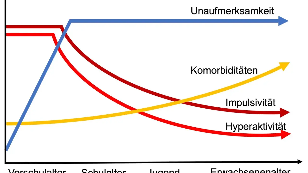 Diagramm zeigt, wie sich Unaufmerksamkeit, Impulsivität, Hyperaktivität und Komorbiditäten über die Lebensspanne entwickeln. Die Frage "wie lange dauert eine autismus diagnose" wird hier nicht direkt beantwortet, aber die Grafik illustriert die Entwick...