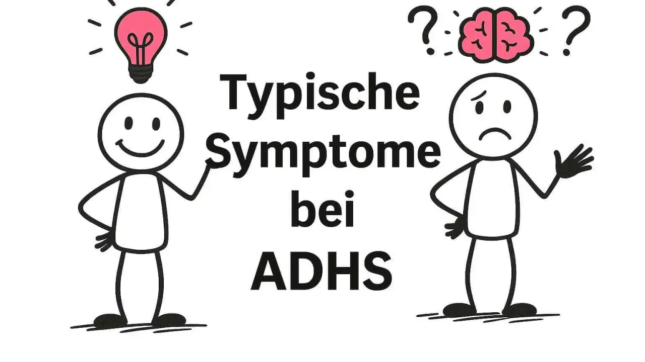 Zwei Strichmännchen illustrieren typische Symptome bei ADHS: eines mit Glühbirne (Ideen) und eines mit traurigem Gesicht und Fragezeichen über dem Gehirn (Verwirrung).