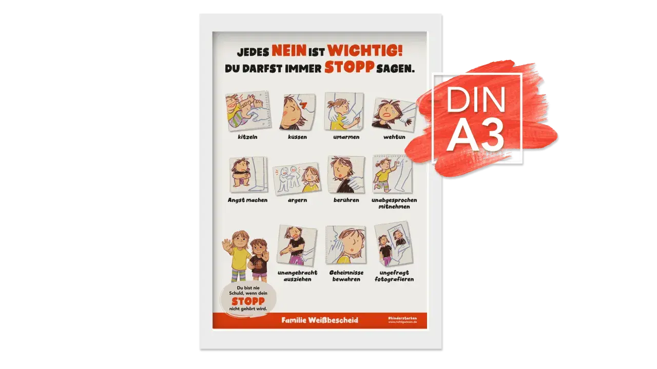 Illustrationen zeigen, wie Kinder Grenzen setzen können. Ein liebevoller Umgang mit Kindern bedeutet, ihre Gefühle ernst zu nehmen und ihnen zu vermitteln, dass jedes Nein wichtig ist.
