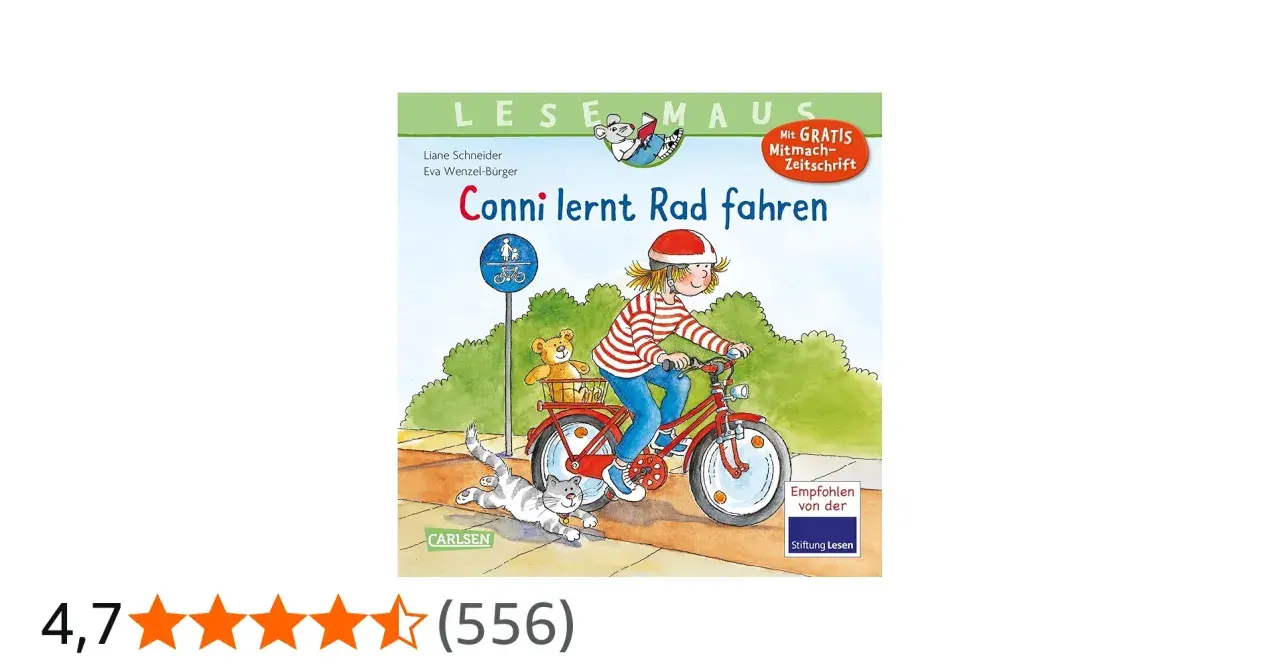 Conni lernt Rad fahren: Ein Mädchen mit Helm fährt stolz auf ihrem roten Fahrrad, ein Teddy im Korb, eine Katze rennt daneben.