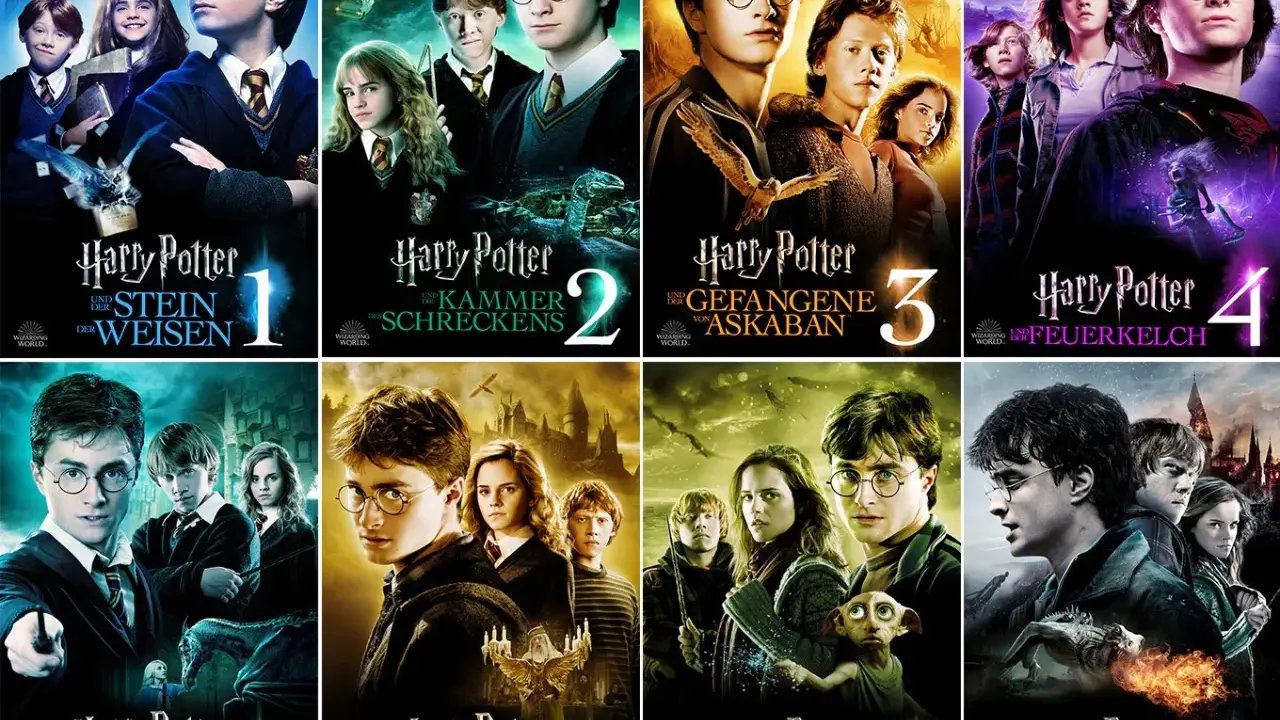 Die Harry Potter Reihenfolge: Stein der Weisen bis Heiligtümer des Todes Teil 2. Die Filme zeigen Harry, Ron und Hermine in ihren magischen Abenteuern.