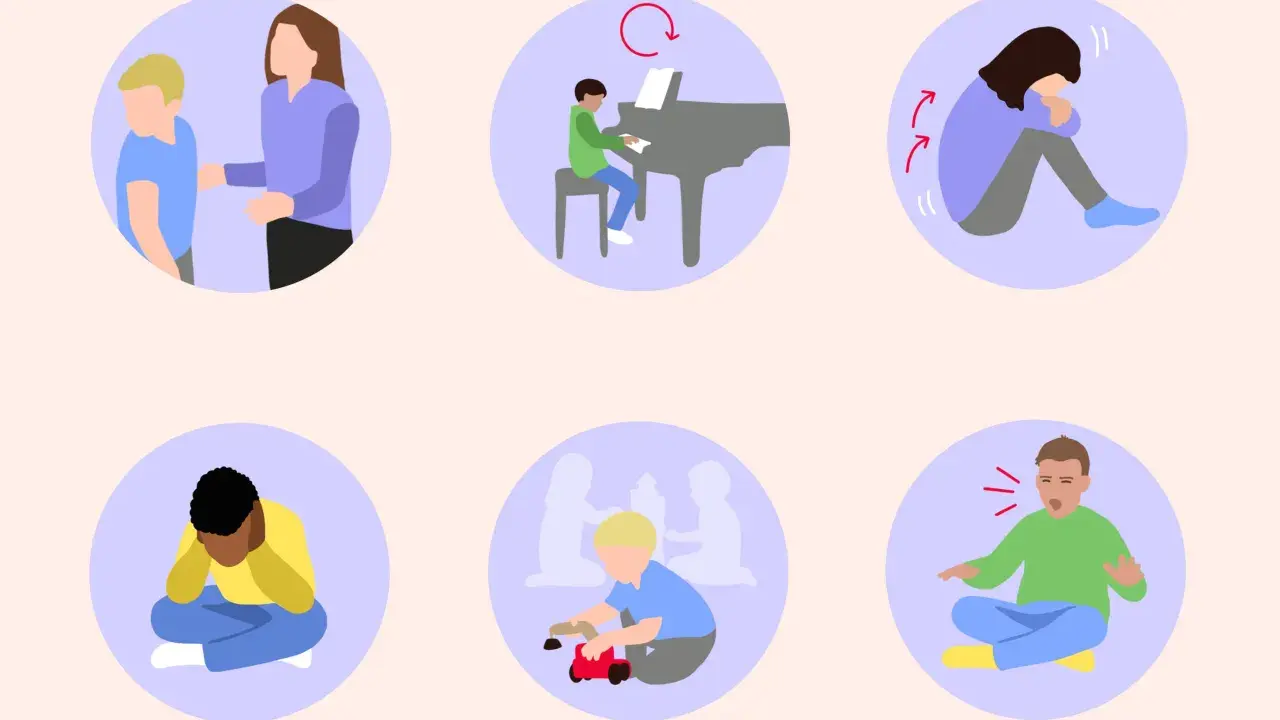 Illustrationen zeigen verschiedene Szenen, die auf autismus bei kleinkindern hinweisen können: soziale Interaktion, repetitive Verhaltensweisen, sensorische Überlastung und Kommunikation.
