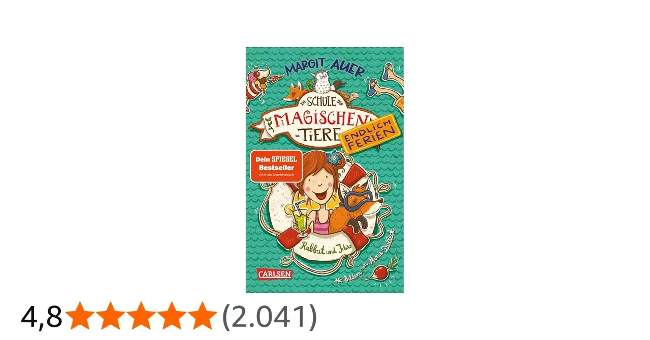 Ida und Rabbat genießen die endlich Ferien. Ein Mädchen mit einem Getränk und ein Fuchs mit Taucherbrille auf dem Buchcover "Die Schule der magischen Tiere".