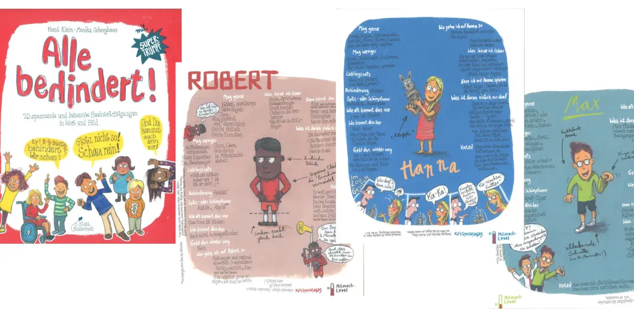 Ein buntes kinderbuch über behinderung mit Illustrationen von Kindern, die unterschiedliche Beeinträchtigungen darstellen.