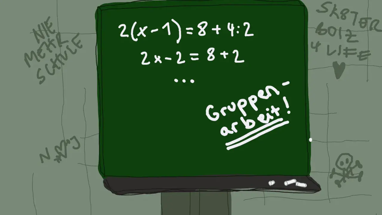 Grüne Tafel mit Matheaufgabe und "Gruppenarbeit!"-Schriftzug. Graffiti an der Wand: "Nie mehr Schule", "Sk8ter boiz 4 life". Ein Schulalltag, der für ADHS-Schüler im Gymnasium herausfordernd sein kann.