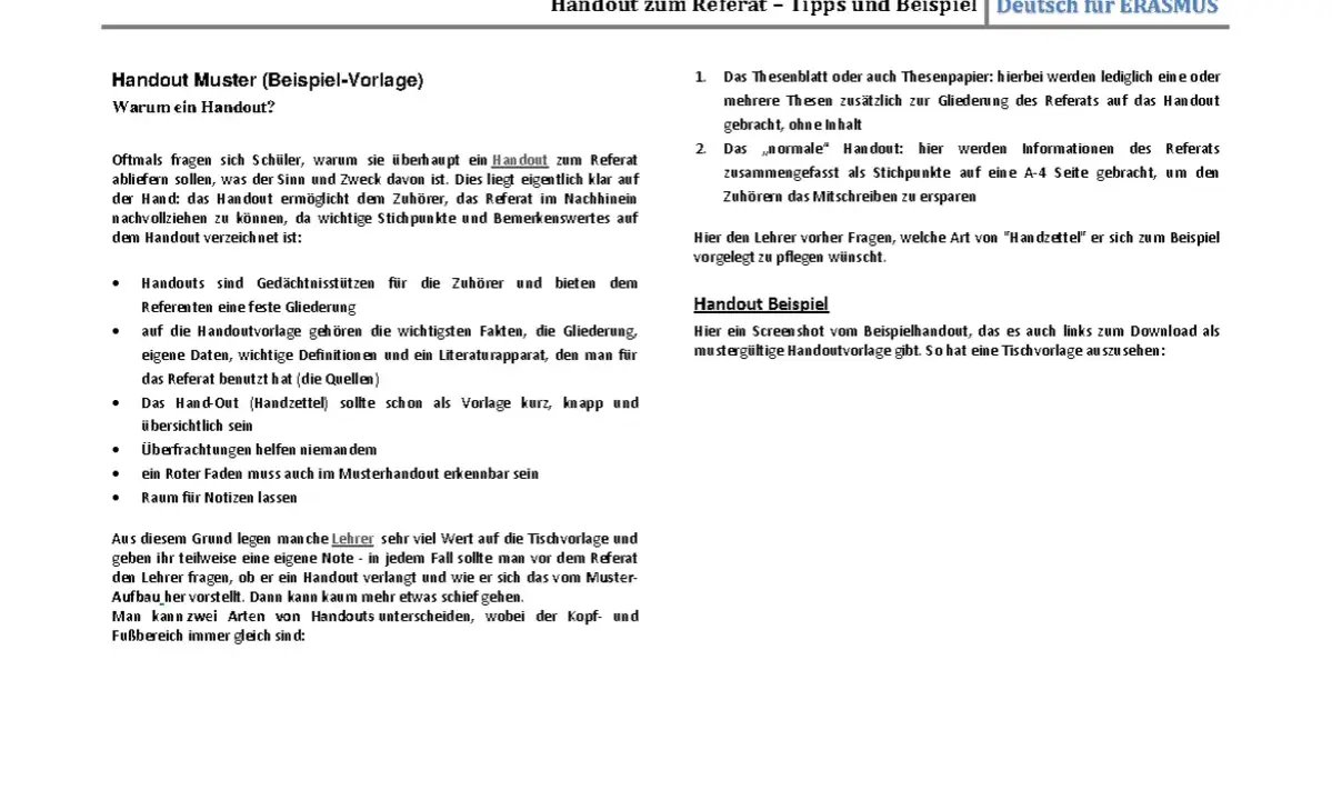 Ein Handout Beispiel zeigt, wie ein Musterhandout aussehen kann. Es dient als Gedächtnisstütze für Zuhörer und Referenten.
