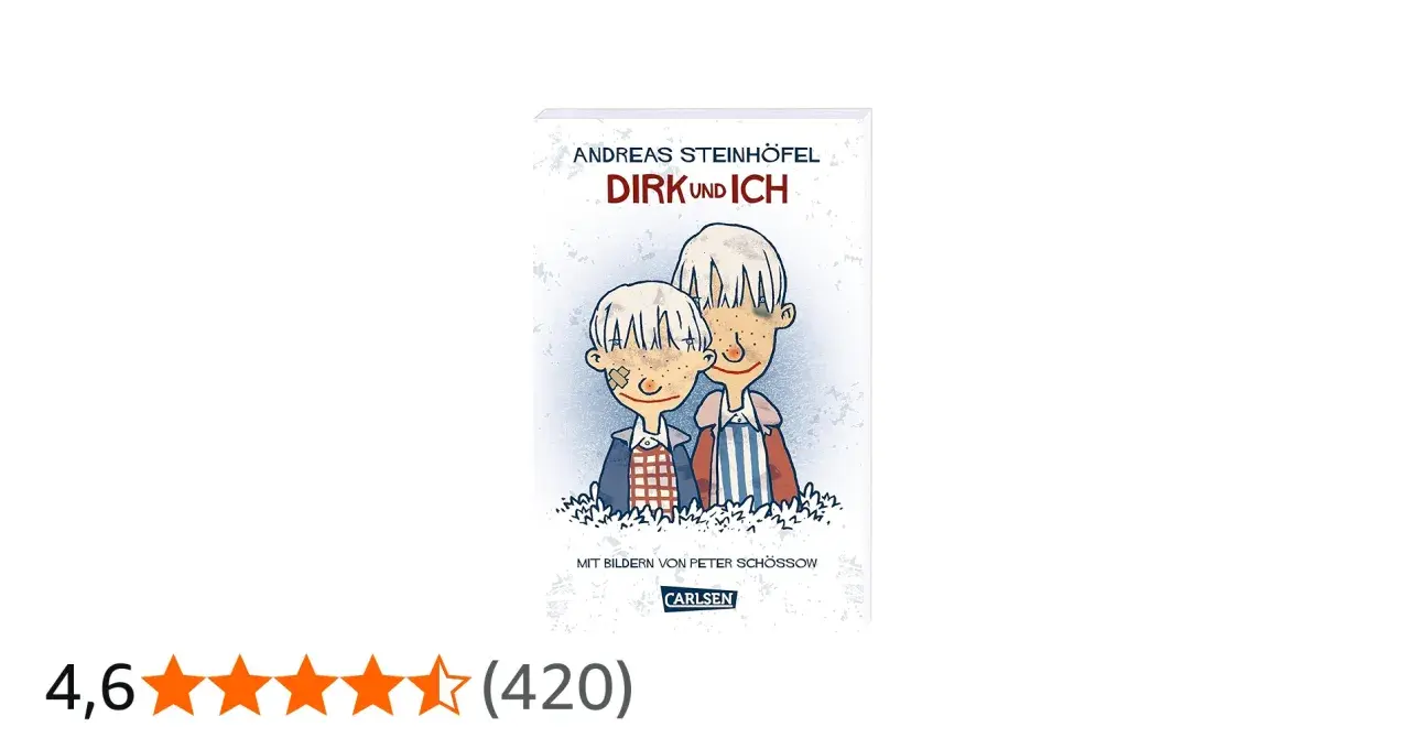 Buchcover "Dirk und ich" von Andreas Steinhöfel. Zwei Jungen mit blonden Haaren und Sommersprossen, einer mit Pflaster auf der Wange.