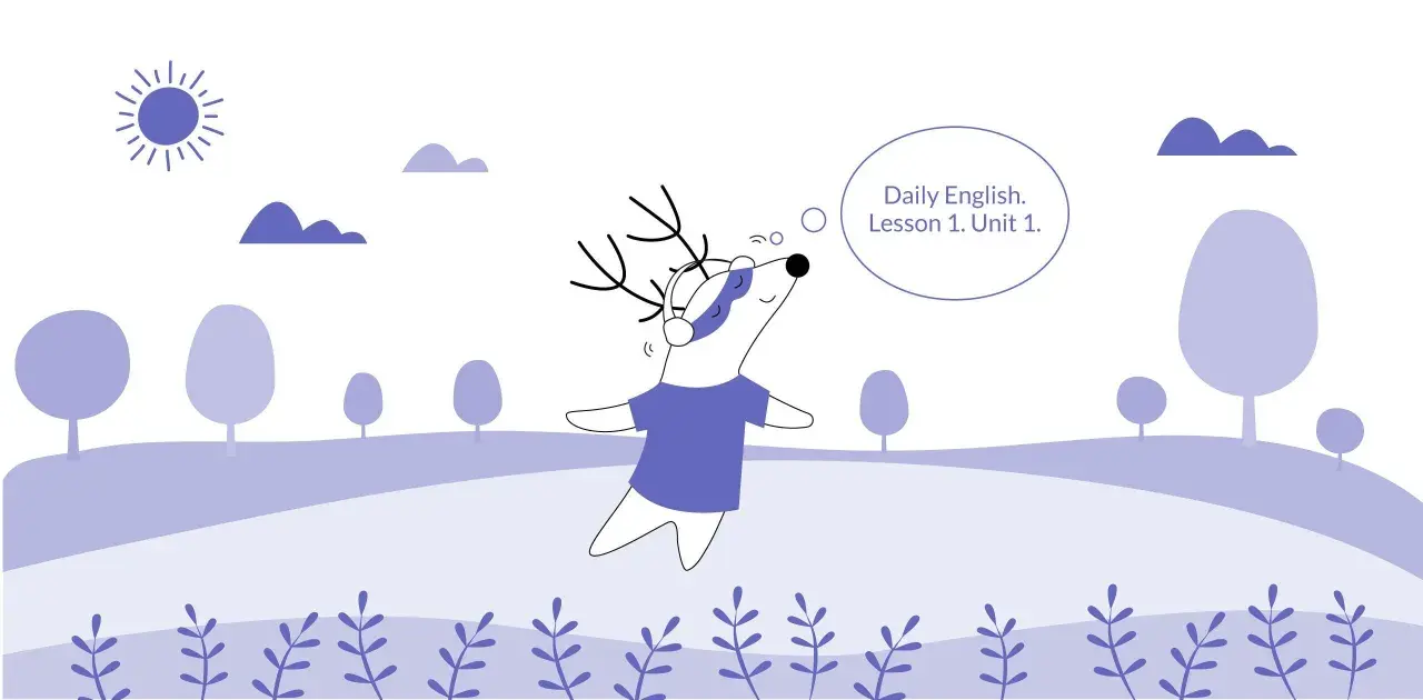 Ein Dachs mit Kopfhörern hört "Daily English. Lesson 1. Unit 1." – perfekt für podcast englisch lernen kinder.