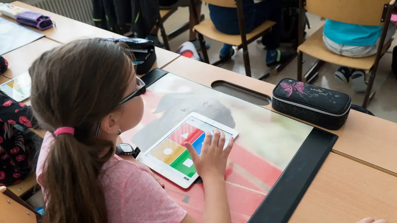 Ein Mädchen nutzt ein Tablet im Unterricht. Digitale Medien im Unterricht machen das Lernen interaktiv und spannend.