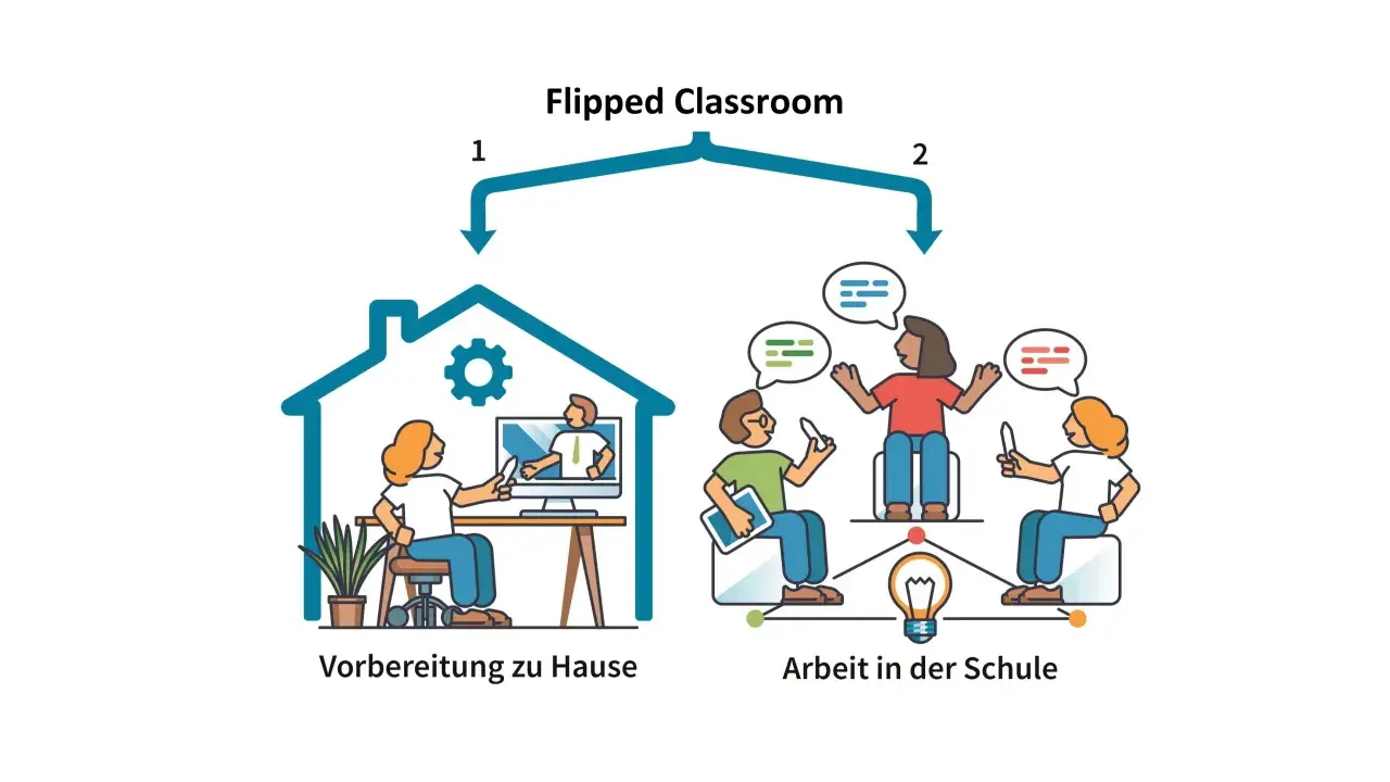Flipped Classroom: Vorbereitung zu Hause (links) und Arbeit in der Schule (rechts) mit Schülern, die diskutieren.