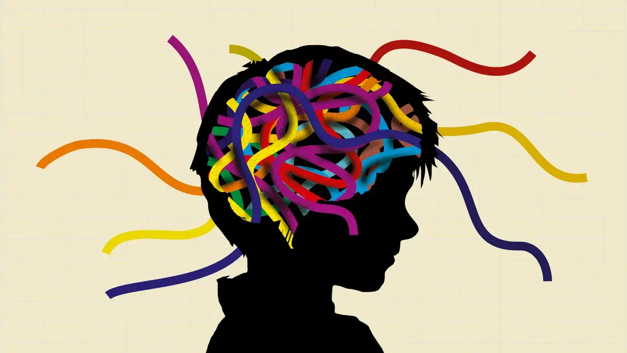 Bunte Stränge im Kopf eines Kindes symbolisieren Gedanken. Eine Alternative zu Ritalin für Kinder könnte hier gesucht werden.