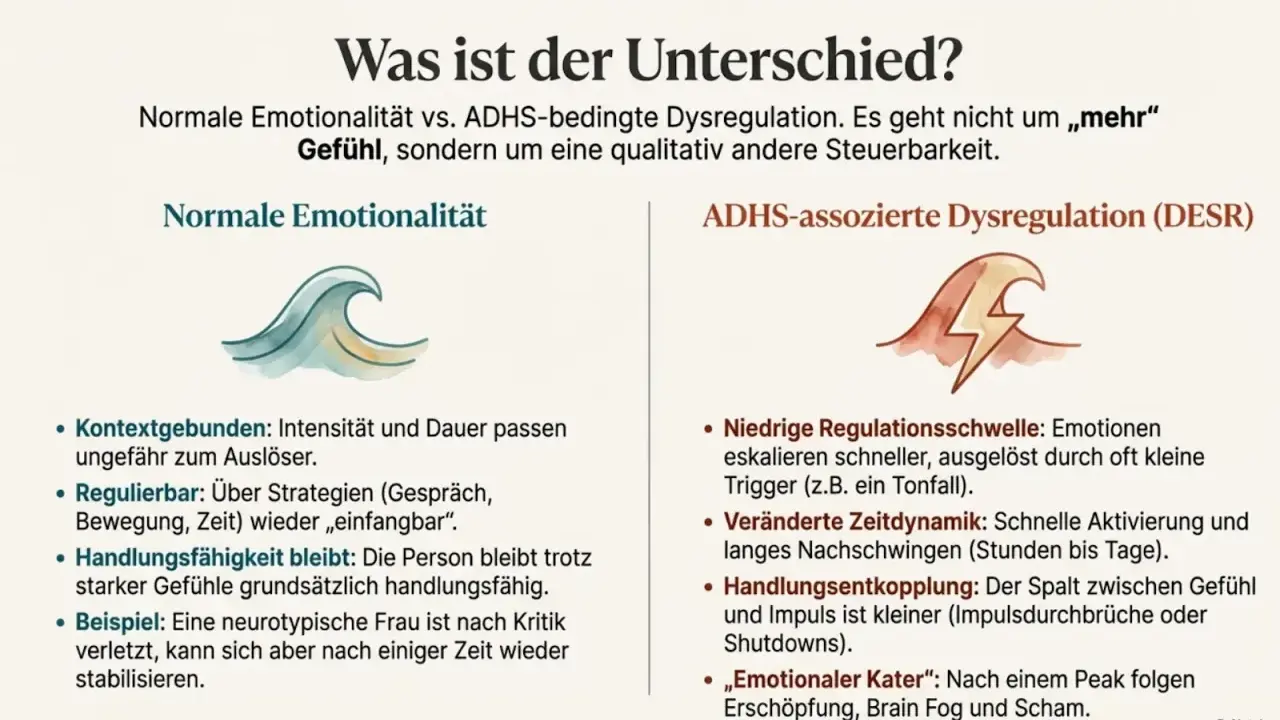 Vergleich von normaler Emotionalität und ADHS-Dysregulation. Die rechte Seite zeigt, wie ADHS-Wut schnell eskaliert, mit niedriger Regulationsschwelle und veränderter Zeitdynamik.