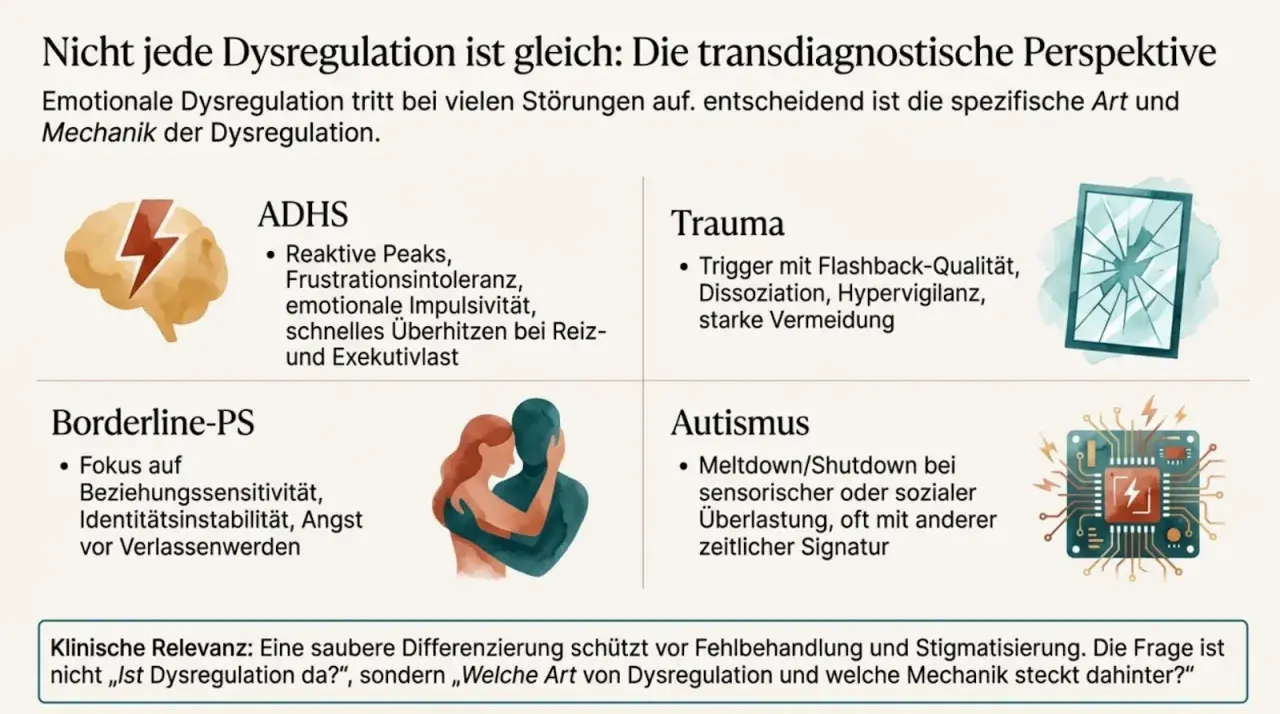ADHS-Emotionen: reaktive Peaks, Frustrationsintoleranz, emotionale Impulsivität. Die Grafik zeigt Dysregulation bei ADHS, Trauma, Borderline-PS und Autismus.