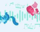Zwei Figuren mit Kopfhörern lernen und lesen, umgeben von Noten und Schallwellen. Musik beim Lernen macht Spaß!