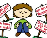 Ein Kind sitzt traurig, umgeben von Schildern mit negativen Botschaften wie "Alles geht schief!". Dies illustriert den schwierigen **Umgang mit Niederlagen**.