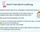 Schritt-für-Schritt-Anleitung für ein Lerntagebuch-Beispiel: Arbeitsblatt vorbereiten, Lesetext und Ausmalbilder kopieren, Bilder austeilen, Text vorlesen und malen lassen, Ergebnisse vergleichen.