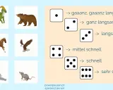 Tierbilder und Würfel zeigen Geschwindigkeiten für ADHS-Spiele: langsam bis sehr schnell.