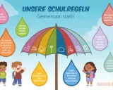 Bunte Illustration mit Kindern und einem Regenschirm, der die Klassenregeln der Grundschule darstellt.