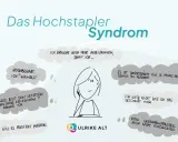 Das Hochstapler-Syndrom: Eine Frau mit Gedankenblasen, die Selbstzweifel und Perfektionismus thematisieren.