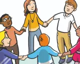 Kinder und eine Lehrerin halten Händchen im Kreis. Sie lernen, was daz unterricht ist: Gemeinschaft und Zusammenhalt.