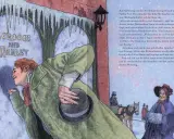 Ein fröhlicher Fred besucht seinen Onkel Scrooge, der die Charles Dickens Weihnachtsgeschichte verkörpert. Eisige Dekorationen und ein Pferdeschlitten im Hintergrund.