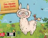 Ein lustiges Alpaka mit einem Vogel auf dem Rücken steht im Gras. Überall fliegen Fliegen. Das Buch "Das Alpaka muss mal Kacka" ist im Bild.