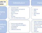 Schema zum Medieneinsatz im Lernprozess: Wissenseingang (Input), Selbststudium, Interaktion und Wissensvertiefung (Output) mit Beispielen.