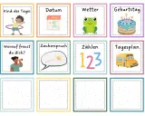 Kind des Tages mit Reifen, Datum, Wetterfrosch, Geburtstagstorte, Frage, Zauberspruch, Zahlen und Tagesplan.